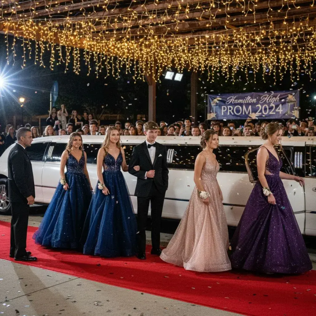 Luxury Muskoka prom limo with chauffeur providing late-night transportation and photo-shoot service for students