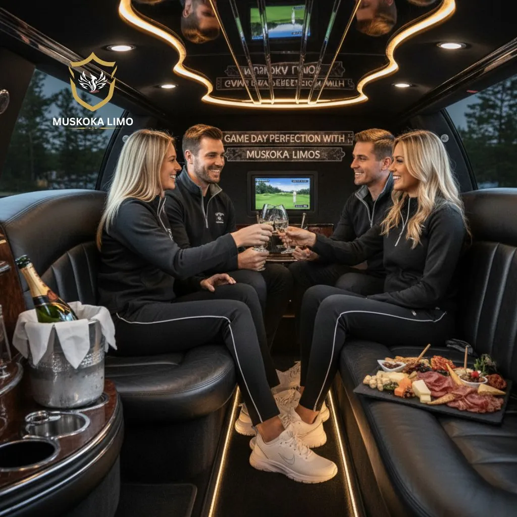 Friends enjoying luxury limo add-ons like champagne and charcuterie, watching sports inside a Muskoka sporting event limousine.